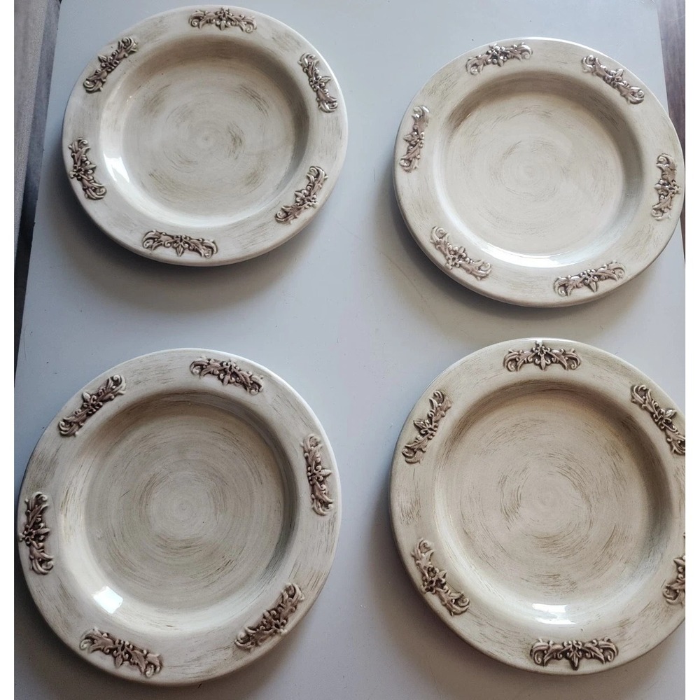 Bistro Salad Plates Lucheon Plates Fleur de Lis Raised 8-1/2" Stoneware 4 Vtg